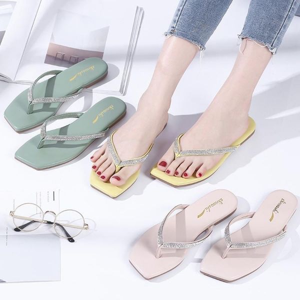 

women's fip-flops casual solid pu and tpr fabric flat heels outside non-slip crystal decoration flip flops for summer, Black