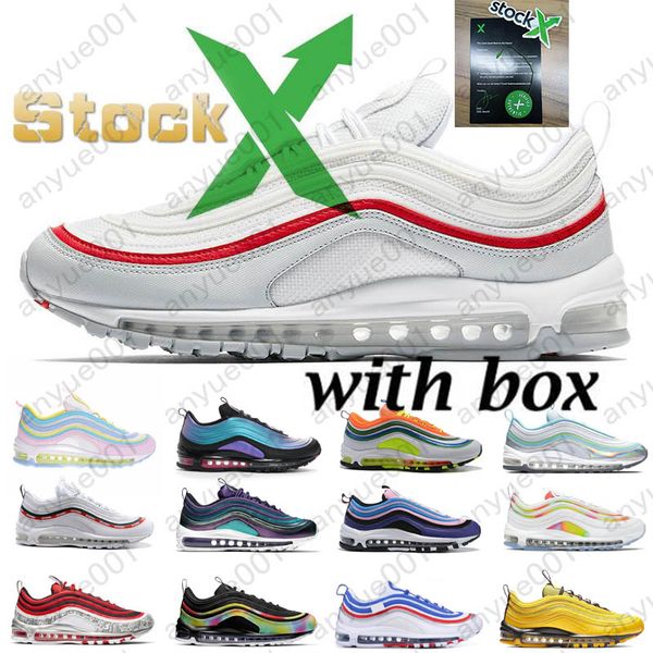 

stock x mschf x inri jesus 97 mens running shoes undefeated undftd bred triple white 97s black bullet men women sports sneakers size36-45