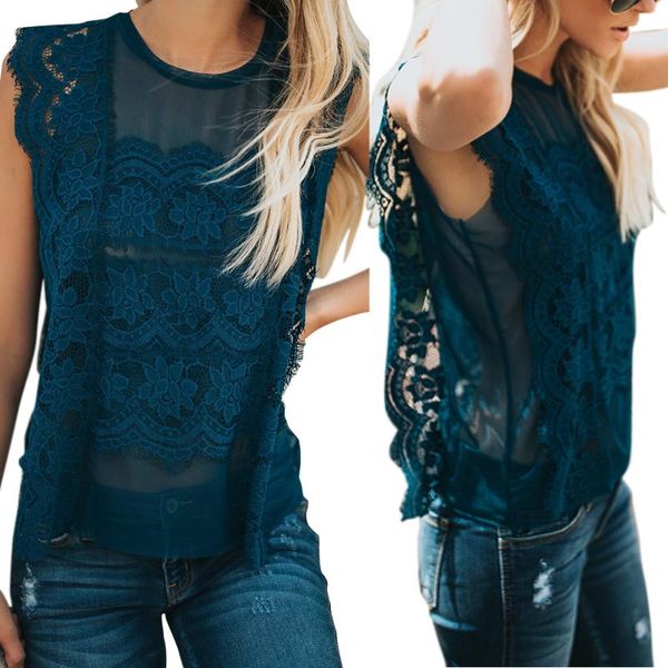 

sleeveless floral lace shirt women patchwork vintage tunic fashion ladies summer mesh elegant womens and blouses, White