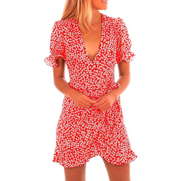 

dress female 2018 fashion women floral printed short sleeve v-neck summer dress beach ruffled vestidos robe, Black;gray