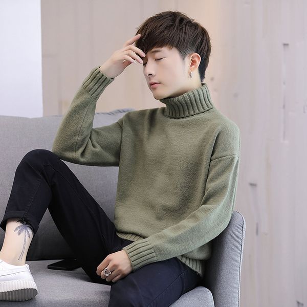 

winter turtleneck trend men's youth pullover sweater base shirt solid color, White;black