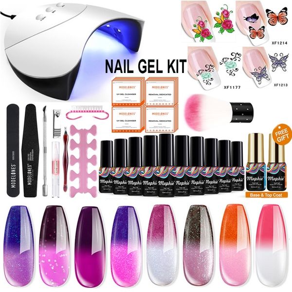

maphie 26pcs/lot 36w led lamp gel nail sets soak off base nail art tools kit semi permanent gel varnish thermal color, Red;pink