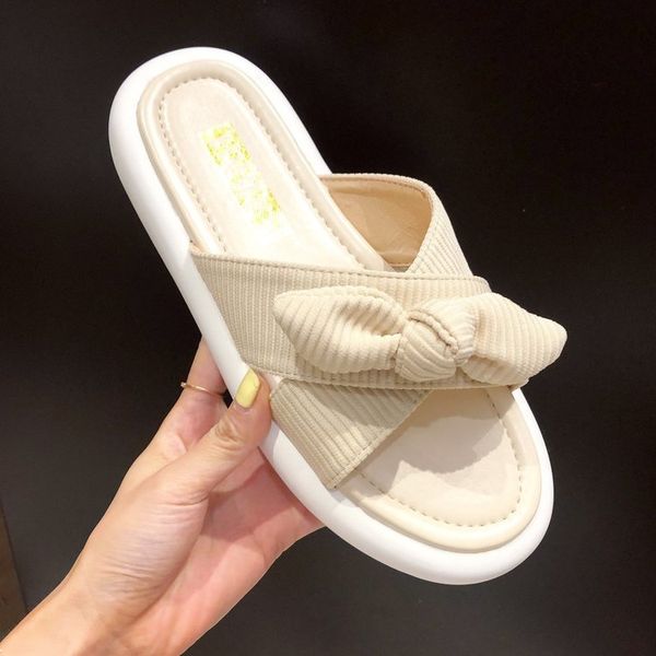 

slippers women summer slides low butterfly-knot shoes lady pantofle soft girl flat 2020 rome basic rubber pu, Black