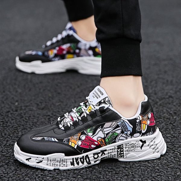 

harajuku wind dad shoes men's 2019 spring korean-style trend students casual shoes boy's board england printed men's, Black
