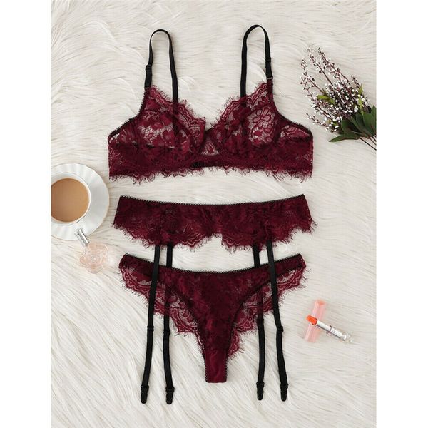 

женщины sexy цветочные краткие наборы 3шт бинты lace бюстгальтер стринги bralette белье установить ночное babydoll g-шнур леди белье new, Red;black