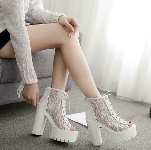 

womens gothic punk lace open toe ankle boots high block heels platform breathable roman shoes summer black white 13cm a423