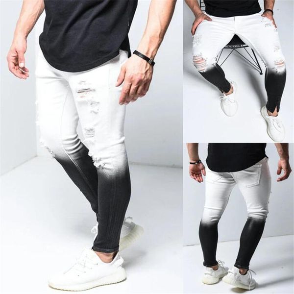 

men's jeans men fashion 2021 hip hop harajuku male for skinny destroyed ripped broken punk mens denim pants jean homme, Blue