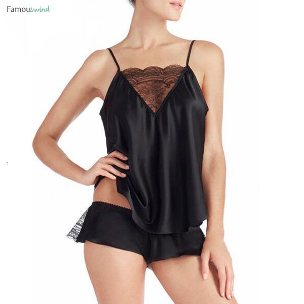 

pajama sets sleepwear for women sleeveless spaghetti strap nightwear pajamas satin cami lace shorts pajamas, Black;red