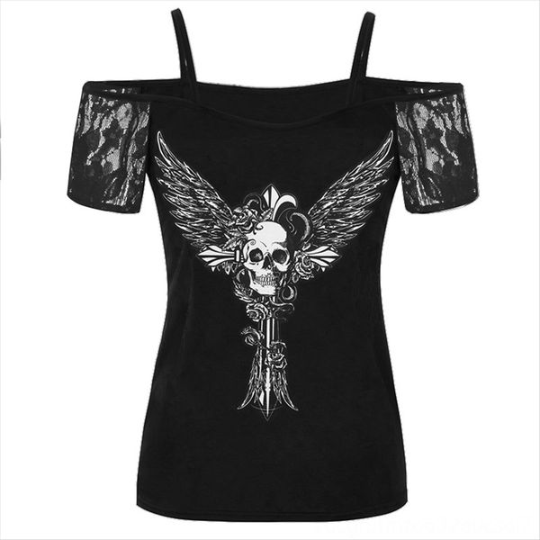 

printed skull female one-line collar short printed skull t-shirt female lace t-shirt lace sleeve one-line collar short sleeve, White