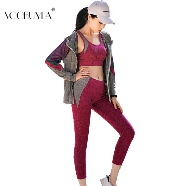 

voobuyla 2019 spring yoga suits women gym clothes fitness running tracksuit sport bra+sport pants+jacket 3 piece set running set, Black;blue