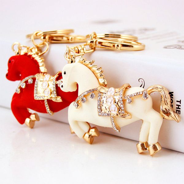 

crystal rhinestone pearl decorated enamel drip oil alloy key chain pendant gold tone plated animal horse car key ring holders, Silver