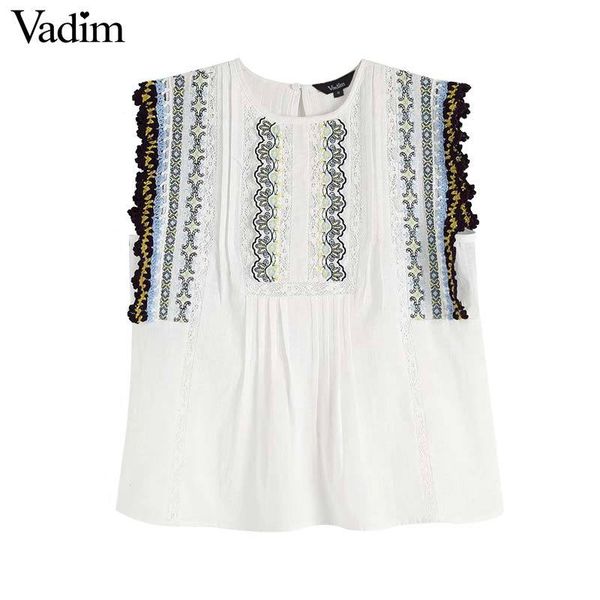 

vadim women embroidery short style blouse pleated sleeveless female casual white shirts sweet chic summer blusas wa207