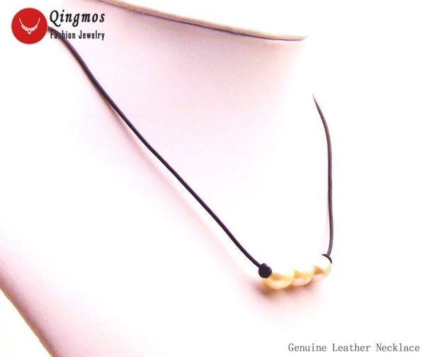 

qingmos fashion rice 10-11mm natural freshwater pink pearl pendant necklace for women with genuine leather 18" chokers nec6585, Silver