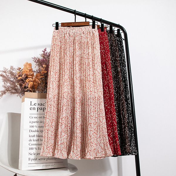 

skirts [ewq] 2021 spring vintage bright clothes high waist elastic mid-length floral pleated skirt women 4 color qv218, Black