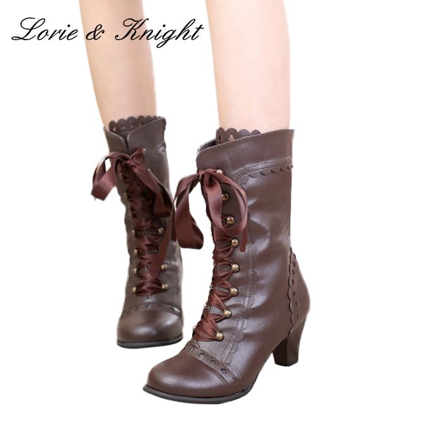 

japanese style vintage royal court lolita boots lace up ribbon high heels princess boots, Black