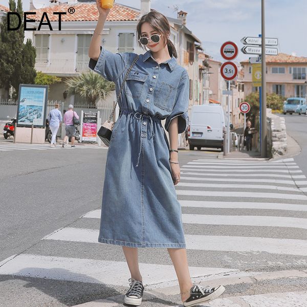 

deat] 2019 korean fashion trend pattern woman denim dress mid sleeve pocket mid calf length split leisure wild cloth a89, Black;gray