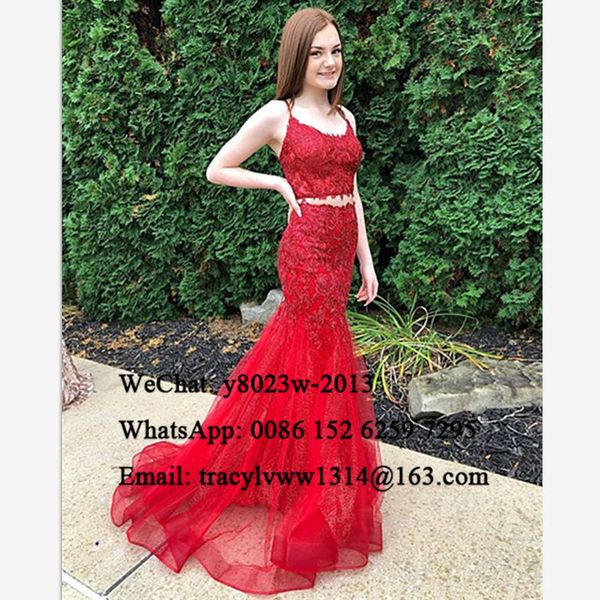 

two piece lace prom dresses 2020 women spaghetti strap corset back red long evening dress formal vestido de festa, White;black
