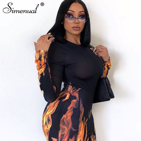 

simenual fashion women bodycon dress flame printed long sleeve midi dresses autumn 2019 skinny slim female party dress, Black;pink