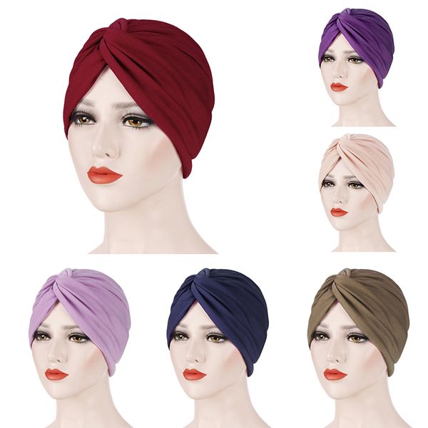 Perda Muslim Women cabelo indiano Turban Chemo Cap Knot Cruz Capa Beanie Bonnet Hat Cancer estiramento Jersey Headwear Headwrap Islam