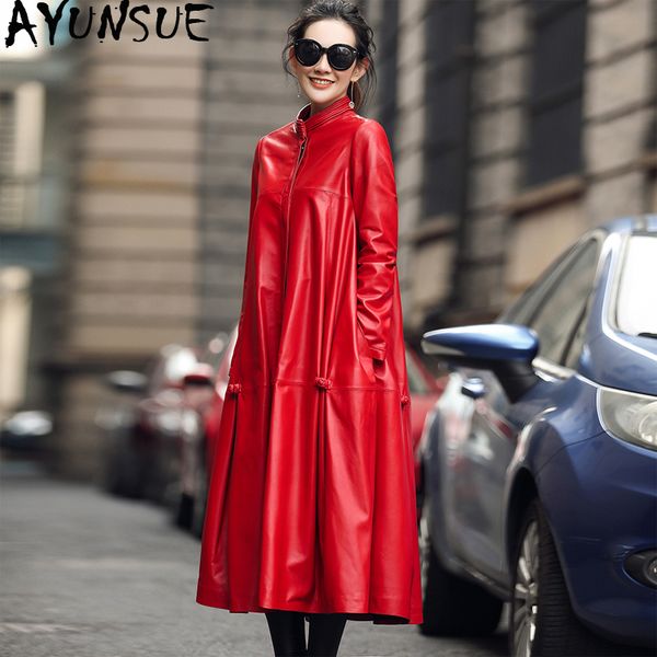 

women's leather & faux ayunsue 100% real sheepskin coat female long trench coats autumn winter jacket women genuine chaqueta mujer my, Black