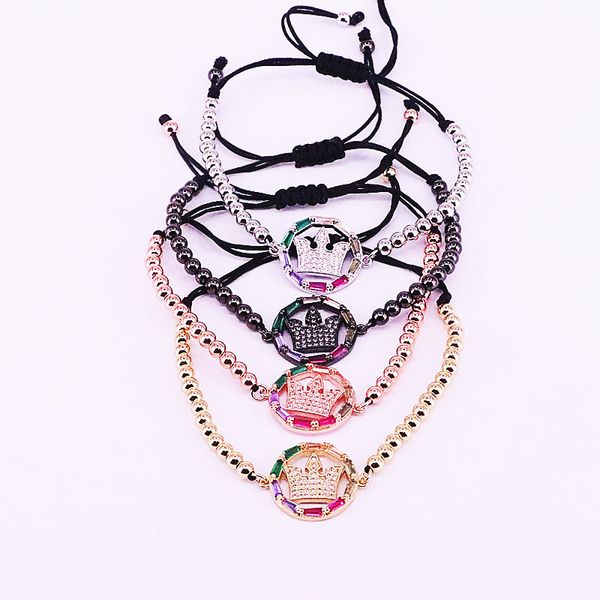 

8pcs colorful zirconia cz micro pave crown bracelets copper beads braiding bracelet for lady girl jewelry gifts, Black