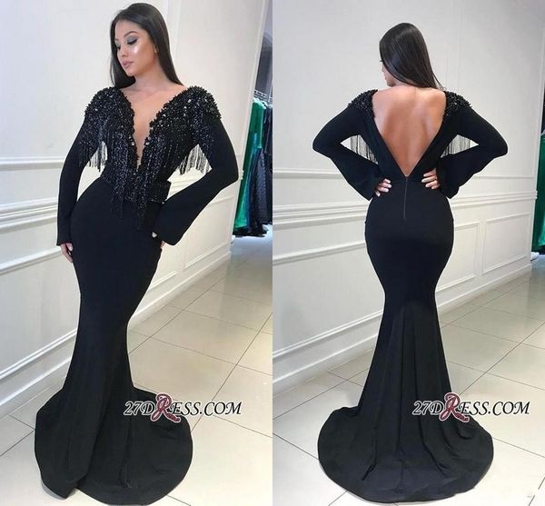 

New Black Tassel Pearls Beading Long Evening Dresses 2019 Sheer Neck Deep V Neck Long Sleeves Mermaid Prom Dresses Sexy Backless