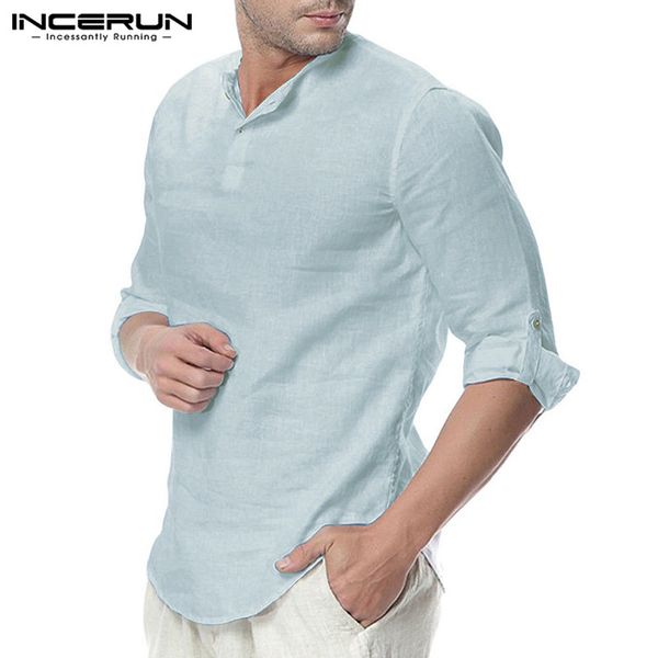 

incerun 2019 men shirt long sleeve cotton solid color streetwear male casual blouse camisa pullovers basic shirt men plus size, White;black