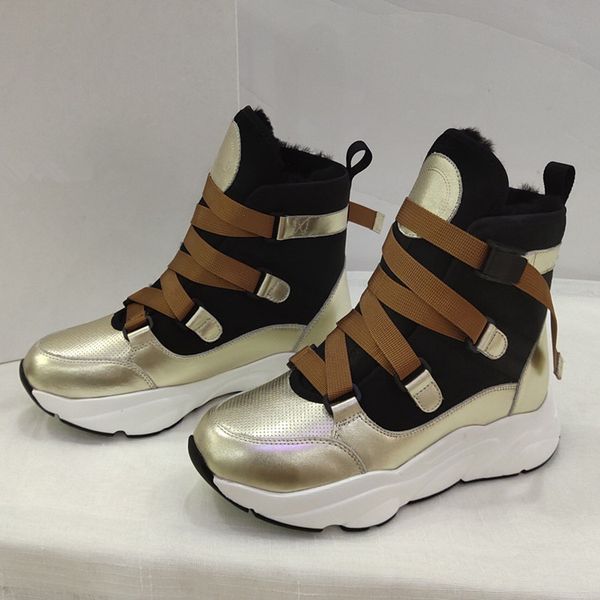 

new style gold women ankle boots genuine leather sheepskin wool q58, Black