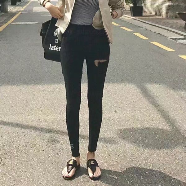 

woman jeans summer 2018 ripped hole front and back stretch pencil pants black blue jeans feminino