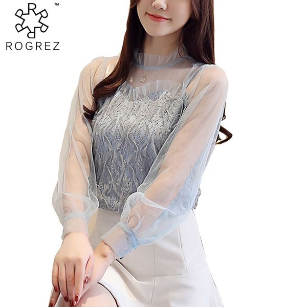 

rogrez korean fashion clothing blue mesh lantern long sleeve o neck casual daily chiffon shirts women blouse, White