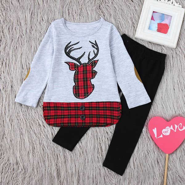 

infant baby girls clothes christmas clothing set 2pcs embroidery deer plaid pants clothing set roupas menina, White