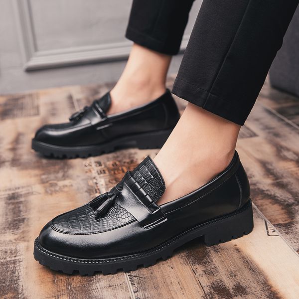 

new british casual leather men shoes loafers moccasins tassel dress shoes man oxfords mens wedding shoes, Black