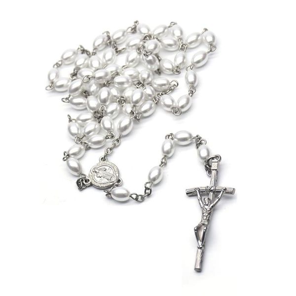

solid white and black pearl beads necklace cross necklace religious gifts present sacred family wedding prayer beads, Silver
