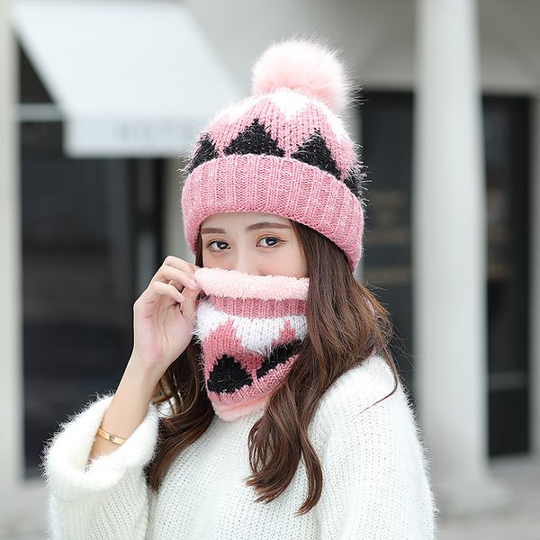 

pom pom ball winter hat and ring scarf set women classic plus thick winter warm hats scarves female kitted thicken hat and scarf, Blue;gray