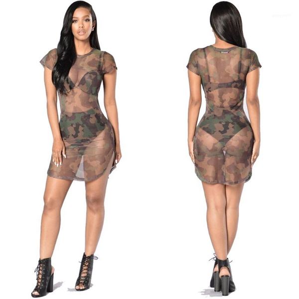 

camouflage print sheer mesh summer dress women short-sleeved transparent bodycon pencil mini dress nightclub party1, Black;gray