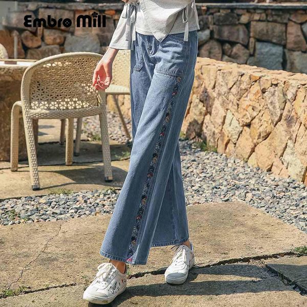 

embro mill women floral loose casual wide leg jeans flare vintage royal embroidery lady beautiful autumn trousers female s-3xl, Blue