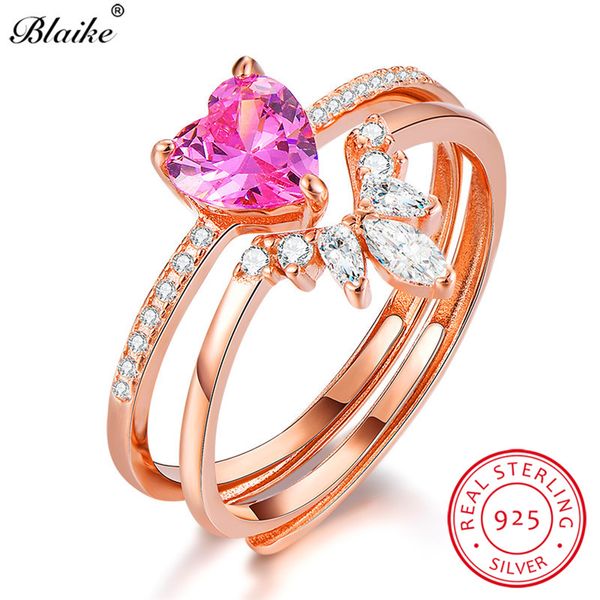 

blaike 925 sterling silver ring set cute pink sapphire stone bridal engagement rings for women stacking heart wedding bands, Golden;silver