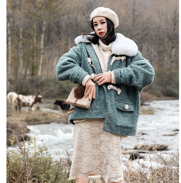 

jessica's store women thick warm horn button lambswool casual loose short woolen jacket outerwear, Black