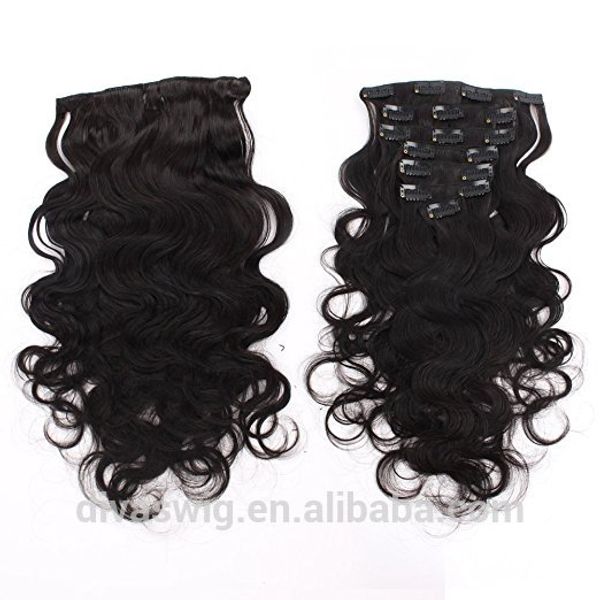 

body wave peruvian hair clip in hair extension 8pcs 120g/set double drawn human hair 21clips, Black;brown