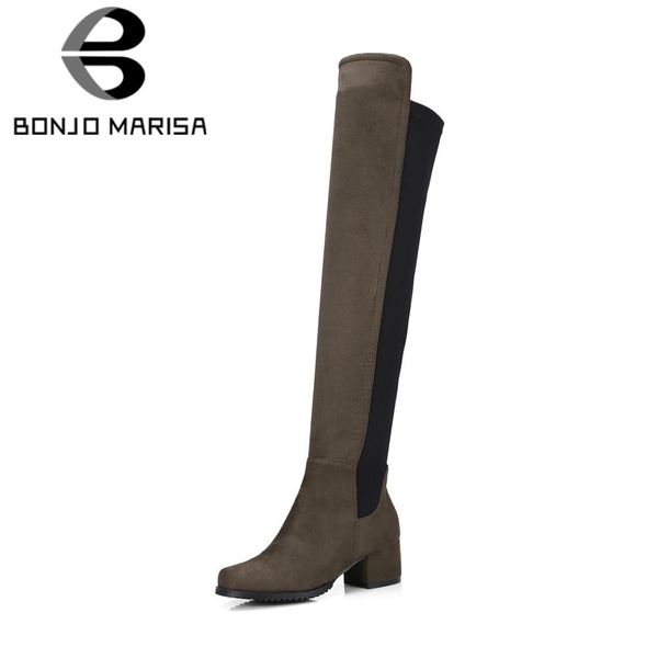 

bonjomarisa women motorcycle knee high boots chunky heel platform shoes woman autumn winter faux suede stretch knight boots, Black