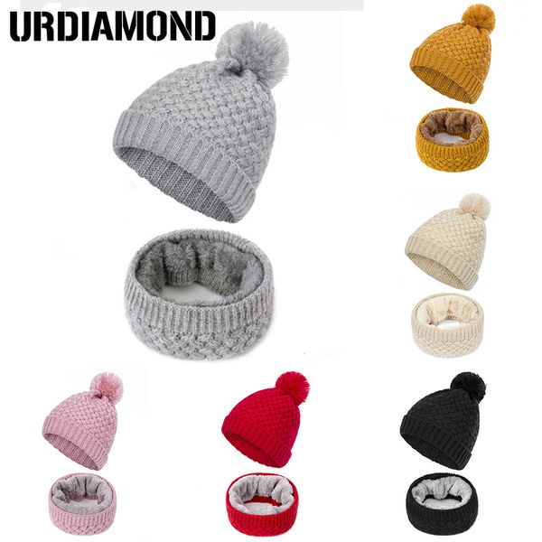 

urdiamond 2018 winter scarf women hat set fashion ladies solid color knit beanie winter soft cap scarves warm pompom beanies, Blue;gray