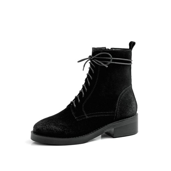 

genuine leather boots women low heels ankle boots winter punk cross-tied riding quality night club shoes woman, Black