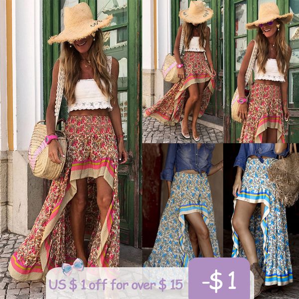 

мода уникальный дизайн спереди короткие сзади длина печати макси юбки женщины сексуальная высокая талия boho beach элегантные нерегулярные д, Black