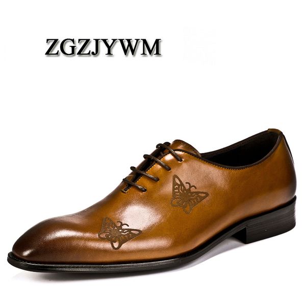 

zgzjywm new fashion comfortable handmade genuine leather lace-up pointed toe carved oxford business casual dress men shoes, Black