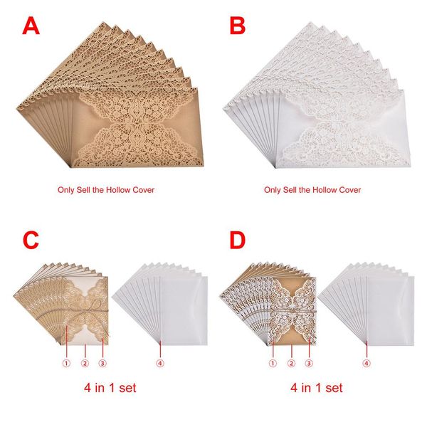 

10pcs sample white gold laser cut wedding invitations card personalized custom printable with ribbon envelope wedding decor