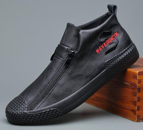 

2019 autumn new fashion street cool men embroidery double zippers pu leather casual shoes man trend shoes man loafers, Black