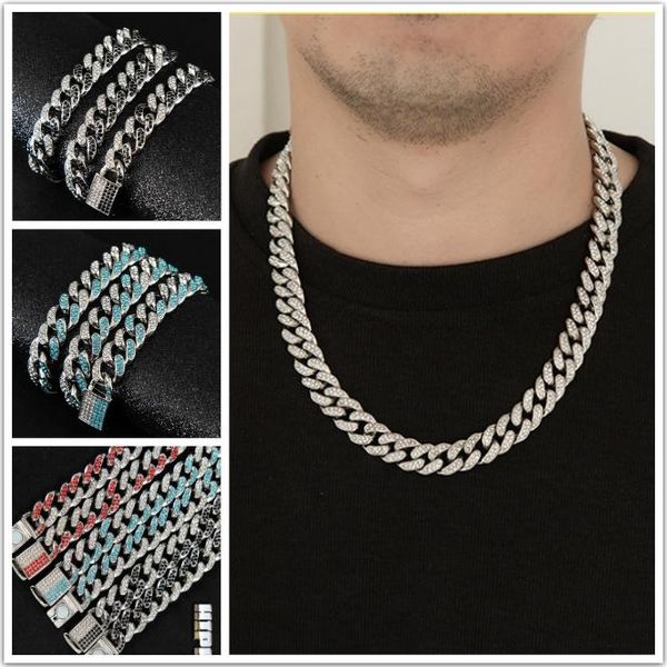 3 colori 13mm Hiphop Mens Full Red Diamond Collana a catena a maglia cubana Bracciale ragazzi Bling Curb Catene girocollo Miami Rapper Gioielli per uomo