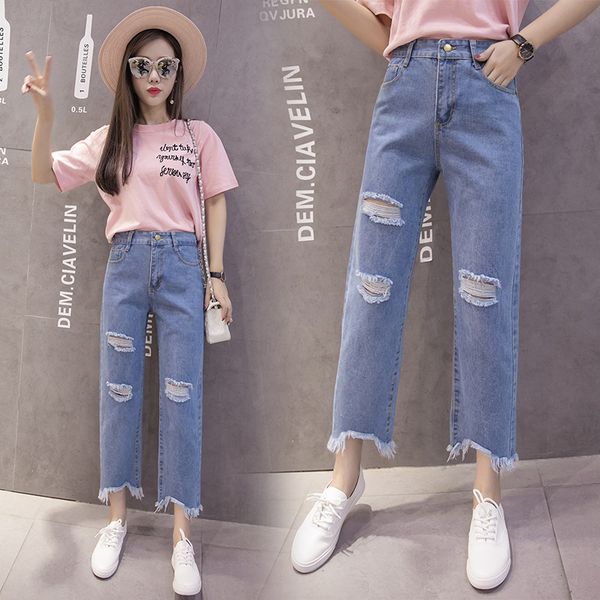 

2019 весна в корейском стиле chic высокой талией для похудения джинсы женские свободные прямые рваные джинсы с дырками брюки капри, Blue