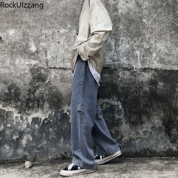 

streetwear loose straight destroyed ripped hole denim pant jeans trouser boyfriend fashion women mom high waist jeans retro, Blue