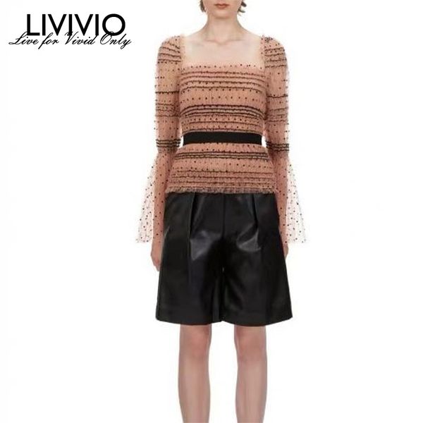 

livivo] autumn and winter vintage mesh nude pleated square collar long sleeve flared sleeves lace shirt waist shirt women top, White